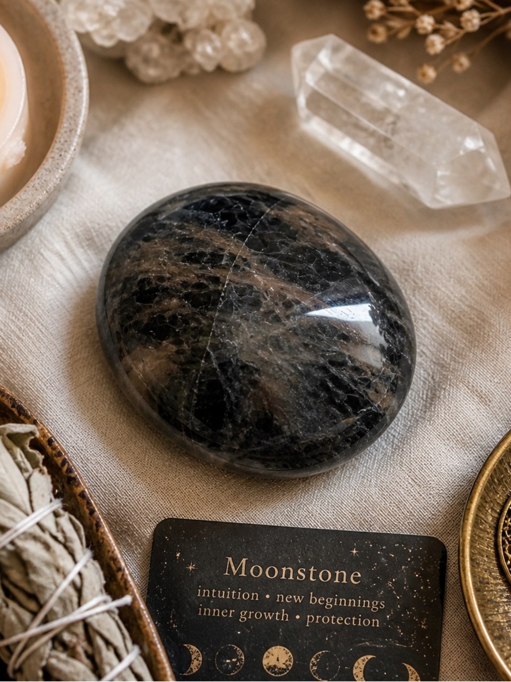 Black Moonstone Palm Stone 2.5” | Polished Natural Crystal | Healing Stone